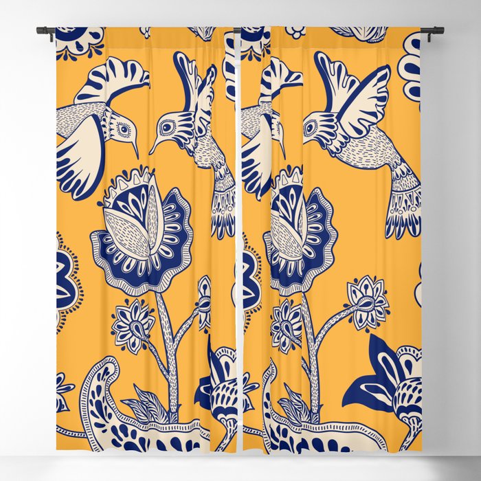 Vintage decorative seamless pattern with birds, paisley and flowers. Indian cute background. Yellow and blue flowers pattern. Blackout Curtain