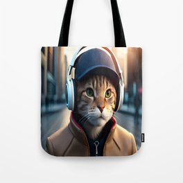 A cute teen cat wearing headphones and futuristic clothes Tote Bag
