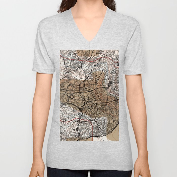 Lisbon, Portugal - Retro Collage City Map V Neck T Shirt