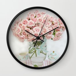 Romantic Shabby Chic Cottage Pink Roses In Vase Still Life Floral Prints Home Decor Wall Clock