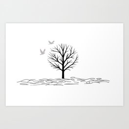 Winter tree with Birds - Black & White Design Art Print
