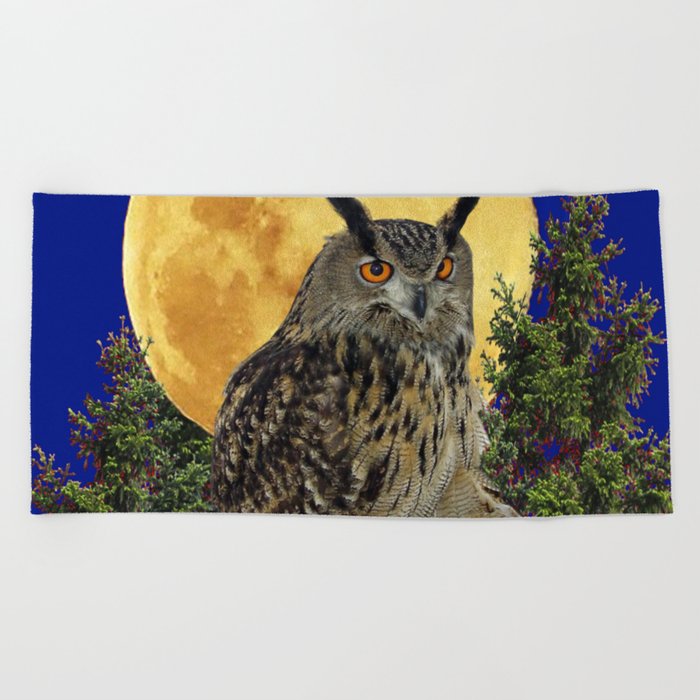 NIGHT OWL WITH FULL MOON Beach Towel