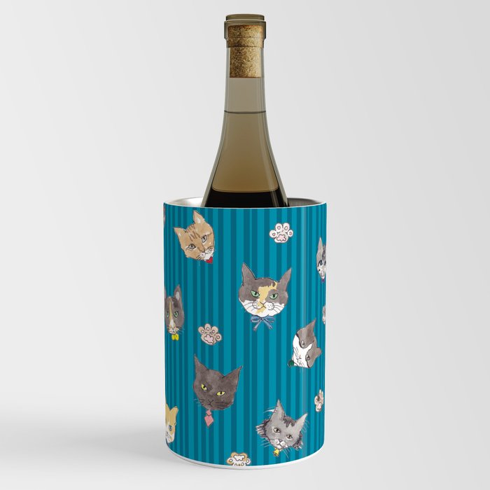 Cats with Paws Pattern/Hand-drawn in Watercolour/Blue Stripe Background Wine Chiller