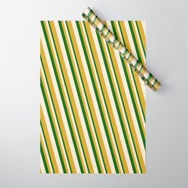 [ Thumbnail: Dark Green, Beige, and Goldenrod Colored Stripes/Lines Pattern Wrapping Paper ]