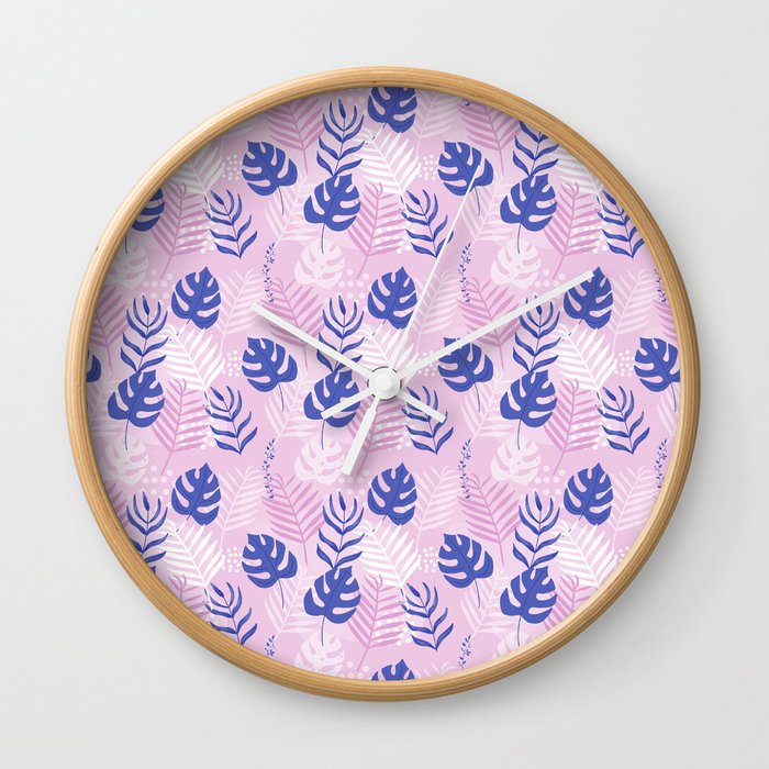 A Playful Colorful, Tropical Monstera Leaves, Palm Leaves Design Wall Clock