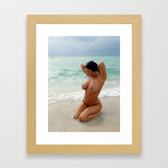 9037-SS Beautiful Naked Woman Nude Beach Sand Surf Big Breasts Long Black Hair Sexy Erotic Art Framed Art Print