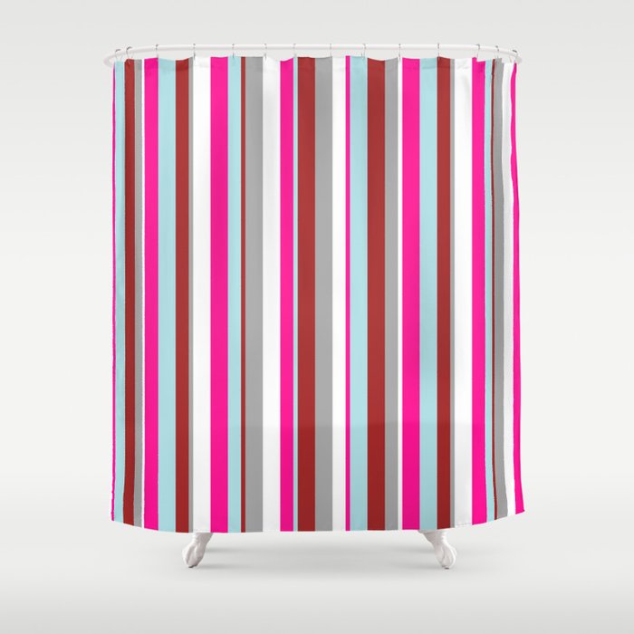 Eye-catching White, Dark Gray, Brown, Powder Blue & Deep Pink Colored Lines/Stripes Pattern Shower Curtain