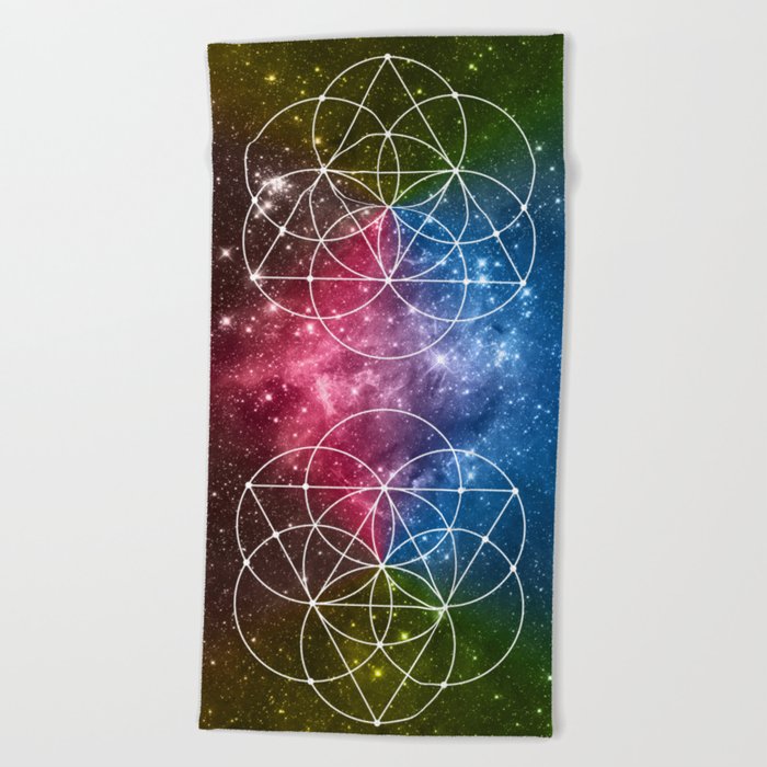 Seed Of Life With Triangles Sacred Geometry Rainbow Colors Galaxy Art Universe Yoga Beach Towel By Mjsergi