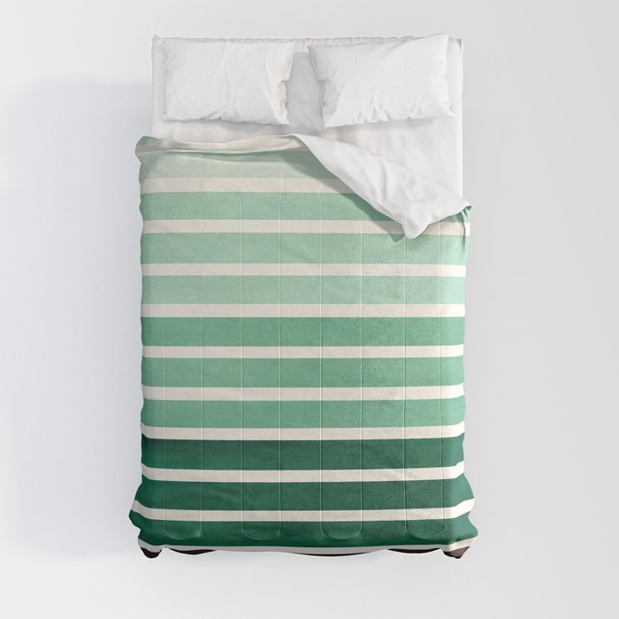 Watercolor Gouache Mid Century Modern Minimalist Colorful Deep Green Stripes Comforter