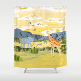 Africa. Savanna landscape with animals. Reserves and national parks outdoor. Bright hand draw Illustration with zebras, giraffe, elephant, birds, mountains, bushes and sunset Shower Curtain