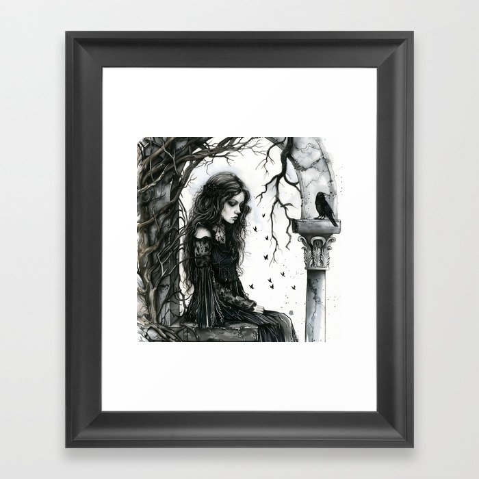 Gothic Princess Drawing with her Crow Framed Art Print