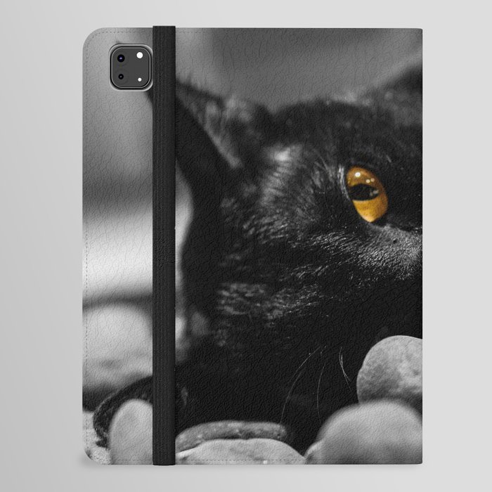 Nine lives - black cat with orange eyes nature feline portrait black and white photograph - photography - photographs iPad Folio Case