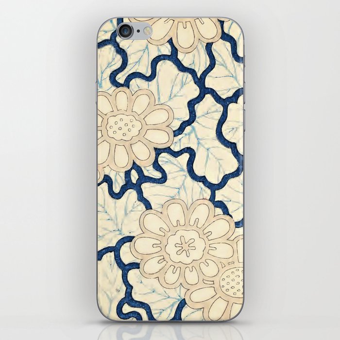 Blue Leaves and White Flowers Antique Japanese Print iPhone Skin
