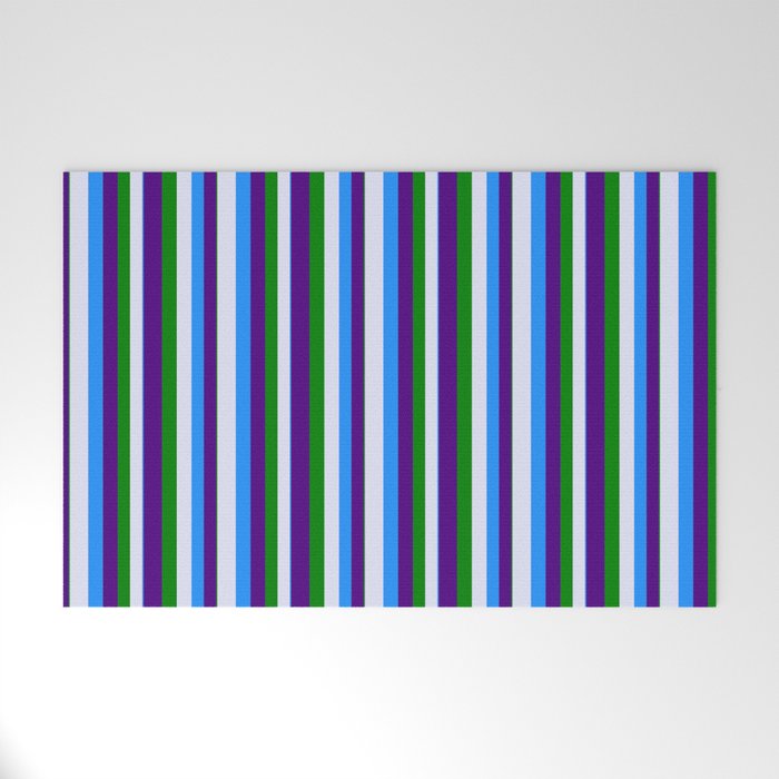 Blue, Lavender, Green, and Indigo Colored Pattern of Stripes Welcome Mat
