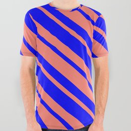 [ Thumbnail: Blue & Salmon Colored Lined Pattern All Over Graphic Tee ]
