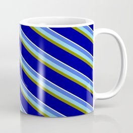 [ Thumbnail: Vibrant Royal Blue, Sky Blue, Green, Dark Blue, and White Colored Striped/Lined Pattern Coffee Mug ]