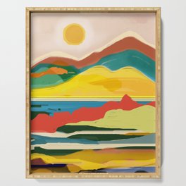 Setting Sun above the abstract hills Serving Tray