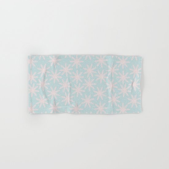 Merry christmas- pink snowflakes and snow on aqua backround Hand & Bath Towel
