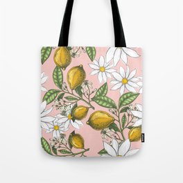 Lemons and Blooms on Pink Background Pattern Design Tote Bag