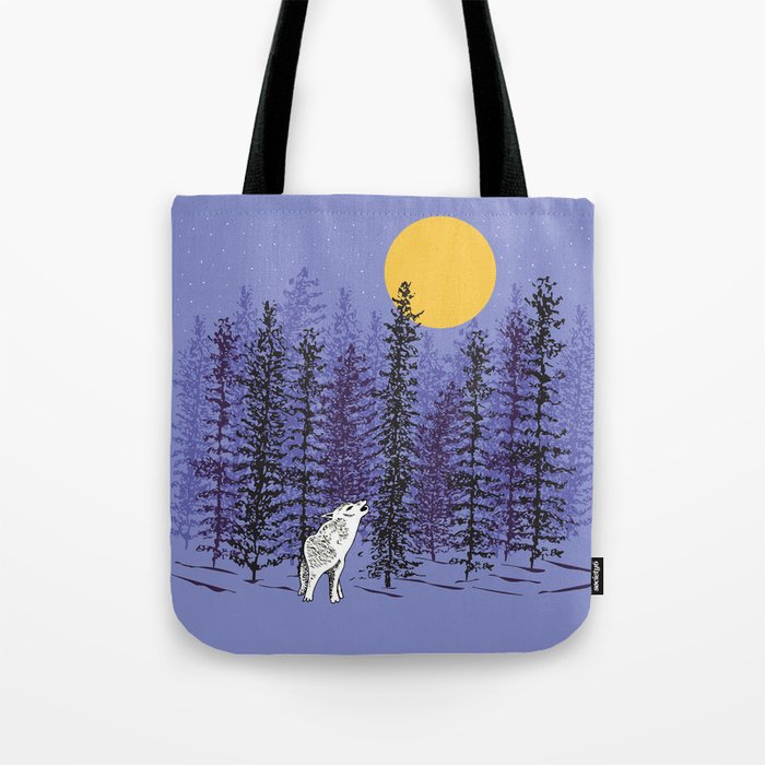 Wolf Howling at the Moon with Woodland Trees - Dark Purple Tote Bag