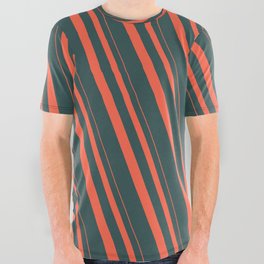 [ Thumbnail: Red & Dark Slate Gray Colored Striped Pattern All Over Graphic Tee ]