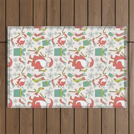 Santa Pattern with Stockings, Christmas Gifts, and Winter Snowflakes Outdoor Rug