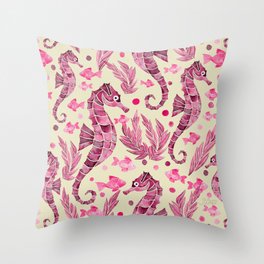 Watercolor Seahorse Pattern - Pink and Cream Throw Pillow