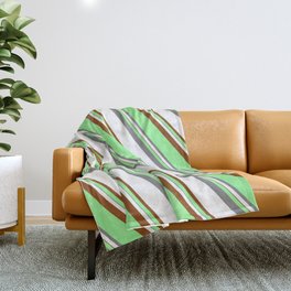 [ Thumbnail: Green, Grey, White, and Brown Colored Lined/Striped Pattern Throw Blanket ]