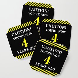 [ Thumbnail: 4th Birthday - Warning Stripes and Stencil Style Text Coaster ]