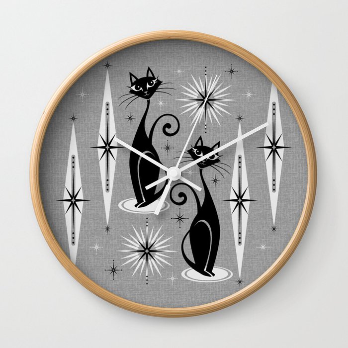 Mid Century Meow Atomic Cats on Cool Gray ©studioxtine Wall Clock