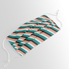 [ Thumbnail: Dark Salmon, Light Cyan, Teal & Black Colored Lined/Striped Pattern Face Mask ]
