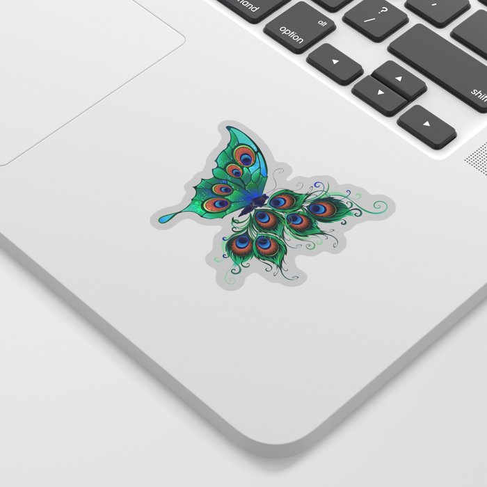 Butterfly with Green Peacock Feathers Sticker