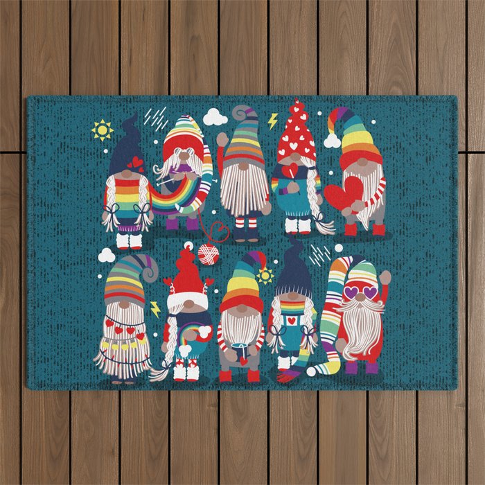 I gnome you // dark teal background little happy and lovely gnomes with rainbows vivid red hearts Outdoor Rug