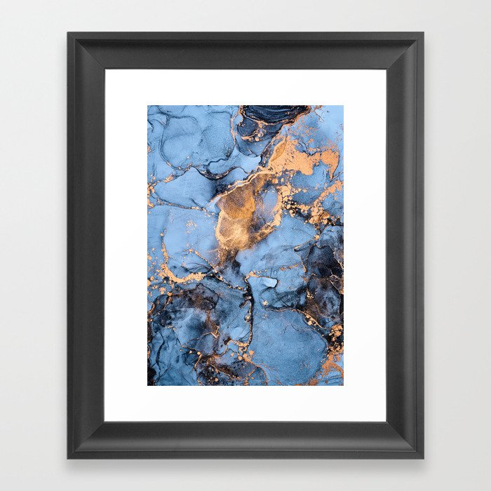 Dusty Blue + Goldenrod Abstract Marble Haze Framed Art Print
