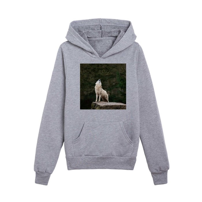 Howling White Wolf In The Forest On Rock Cliff Animal / Wildlife / Nature Photograph  Kids Pullover Hoodie