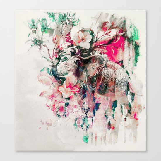 Watercolor Elephant and Flowers Canvas Print