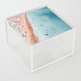 Aerial Ocean Beach Print, Hot Summer Vibes, Blue Ocean Waves Art Print, Portugal Beach Print, Golden Sands, Beach Umbrellas Acrylic Box