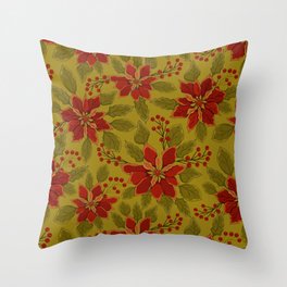Festive Poinsettias & Berries in Ruby Red and Green on Light Olive Green Background Throw Pillow