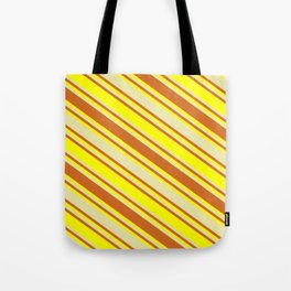 [ Thumbnail: Pale Goldenrod, Chocolate, and Yellow Colored Lined/Striped Pattern Tote Bag ]