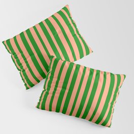 [ Thumbnail: Light Salmon and Green Colored Lined Pattern Pillow Sham ]