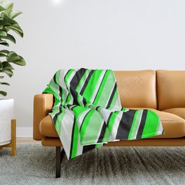 [ Thumbnail: Lime, Light Green, Mint Cream & Black Colored Pattern of Stripes Throw Blanket ]