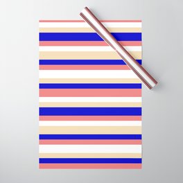 [ Thumbnail: Blue, Light Coral, White & Tan Colored Lined/Striped Pattern Wrapping Paper ]