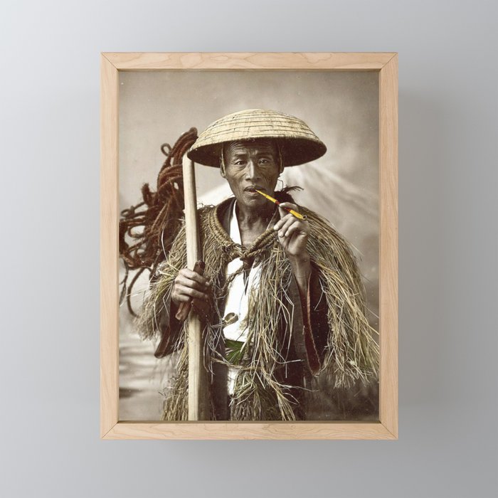 Kusakabe Kimbei - Man with Raincoat - Original old vintage retro Photography from Japan Framed Mini Art Print