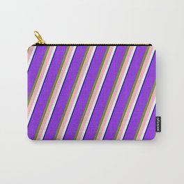 [ Thumbnail: Purple, Green, Light Pink, Mint Cream, and Dark Blue Colored Striped/Lined Pattern Carry-All Pouch ]