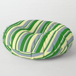 [ Thumbnail: Slate Gray, Dark Green & Tan Colored Lines/Stripes Pattern Floor Pillow ]