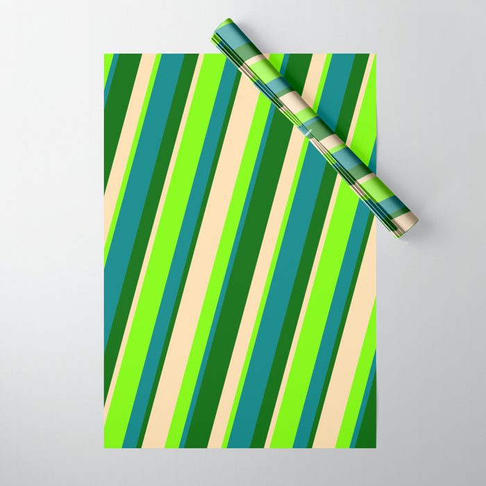Teal, Dark Green, Tan, and Green Colored Striped/Lined Pattern Wrapping Paper