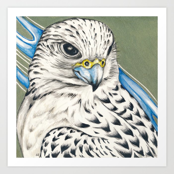 Gyr Falcon Hawk Gold Ink Blue  Art Print