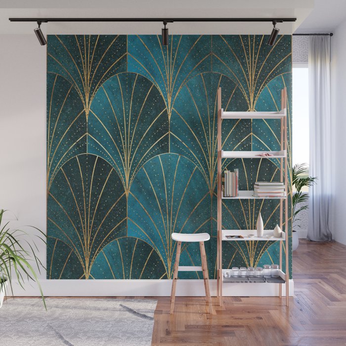 Art Deco Waterfalls // Ombre Teal Wall Mural