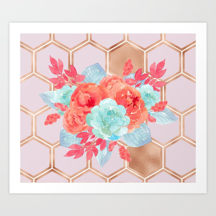 Blush pink hexagons succulent bouquet Art Print