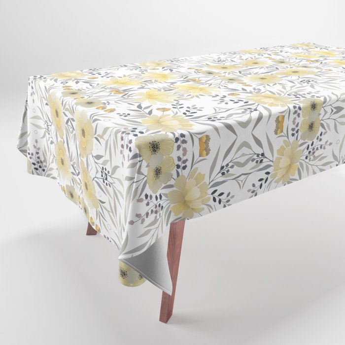 Modern, Floral Prints, Yellow, Gray and White Tablecloth